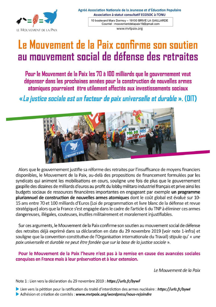 Le Mouvement de la Paix soutien le mouvement social de défense des retraites