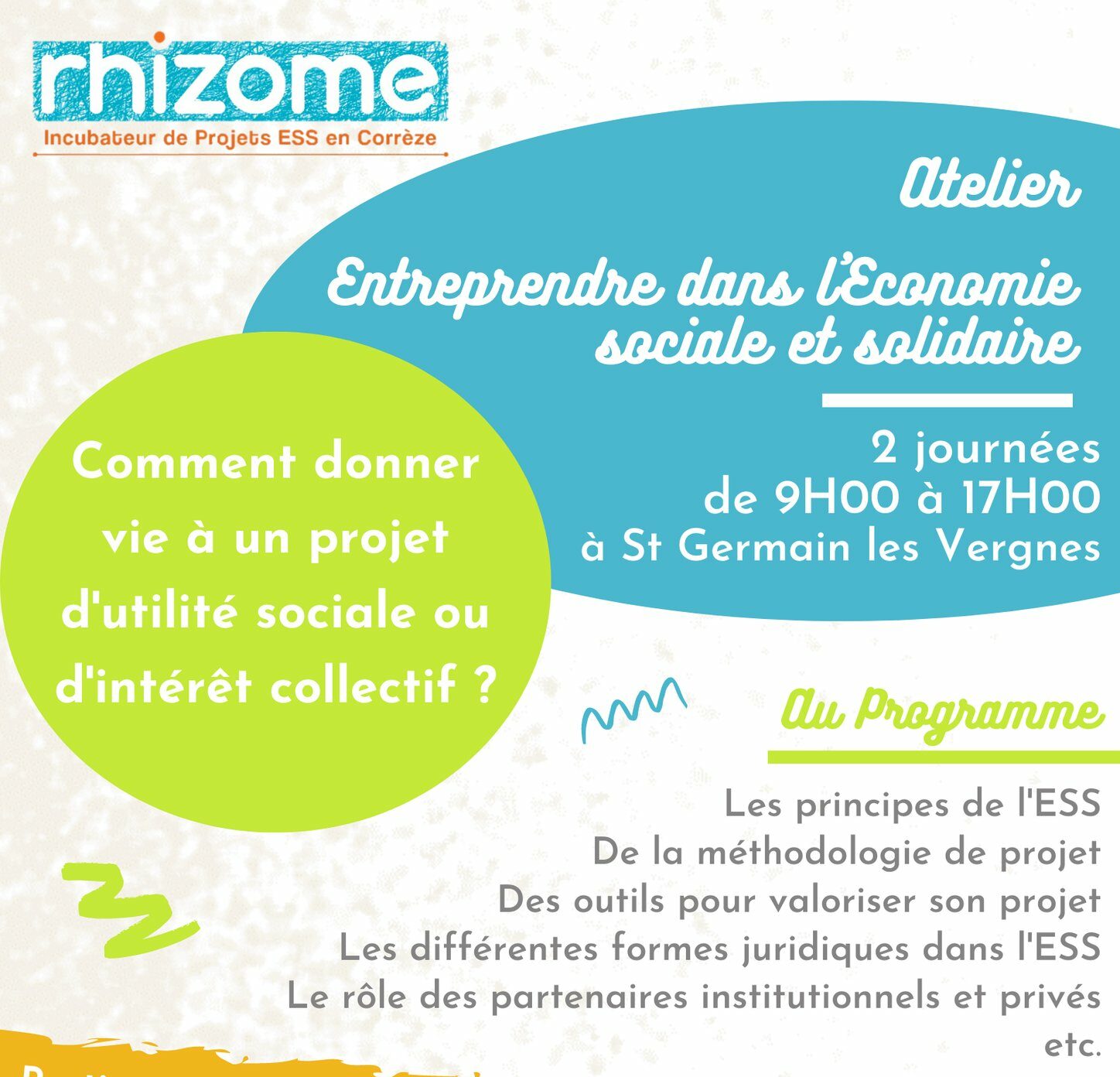 Flyer de l'atelier entreprendre dans l'économie sociale et solidaire de Airelle Corrèze 3 Mai 2022