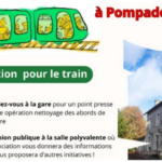 Un dessin style cartoon d'un train moderne. En-dessous, un texte : "Actions pour le train. 14h00 Rendez-vous à la gare pour un point presse et une opération nettoyage des abords de la gare. 16h00 Réunion publique à la salle polyvalente où l'association vous donnera des informations et vous proposera d'autres initiatives."