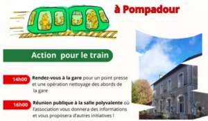 Un dessin style cartoon d'un train moderne. En-dessous, un texte : "Actions pour le train. 14h00 Rendez-vous à la gare pour un point presse et une opération nettoyage des abords de la gare. 16h00 Réunion publique à la salle polyvalente où l'association vous donnera des informations et vous proposera d'autres initiatives."