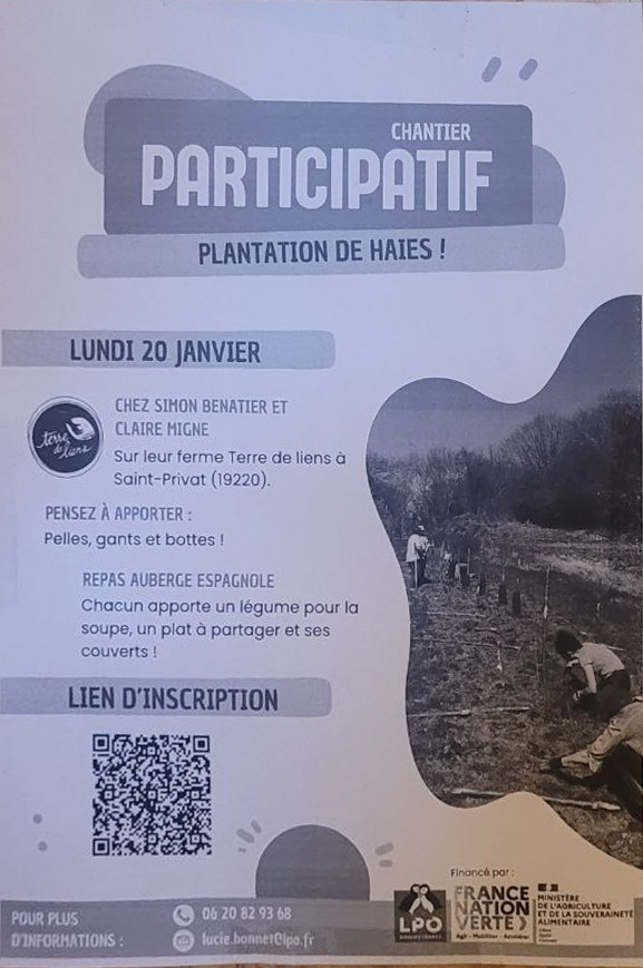 chantier participatif plantation de haies LPO St Privat Terre de Liens