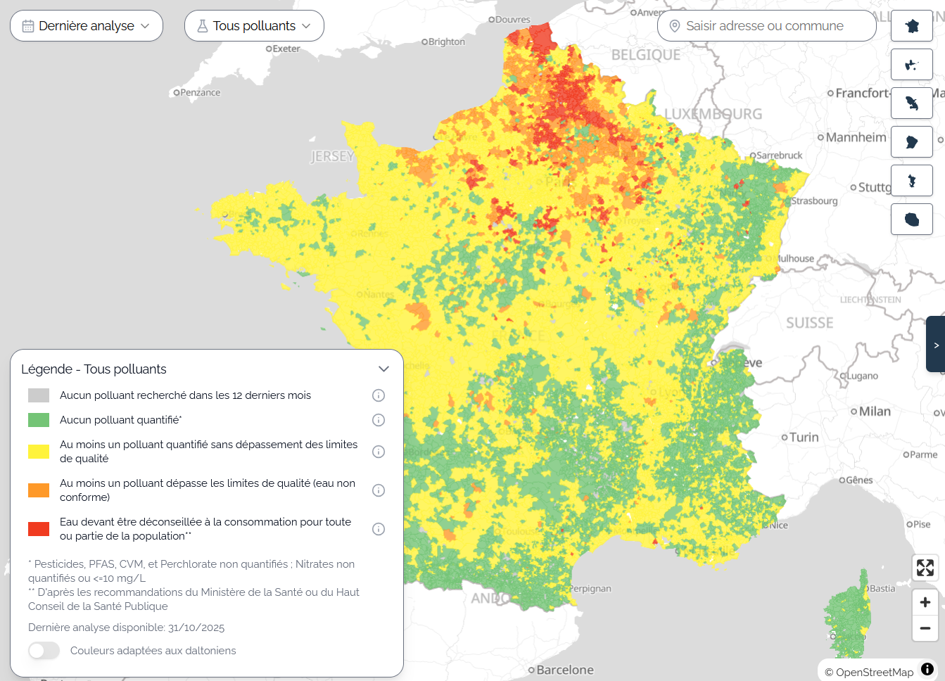 Carte qualité eau du robinet en France
